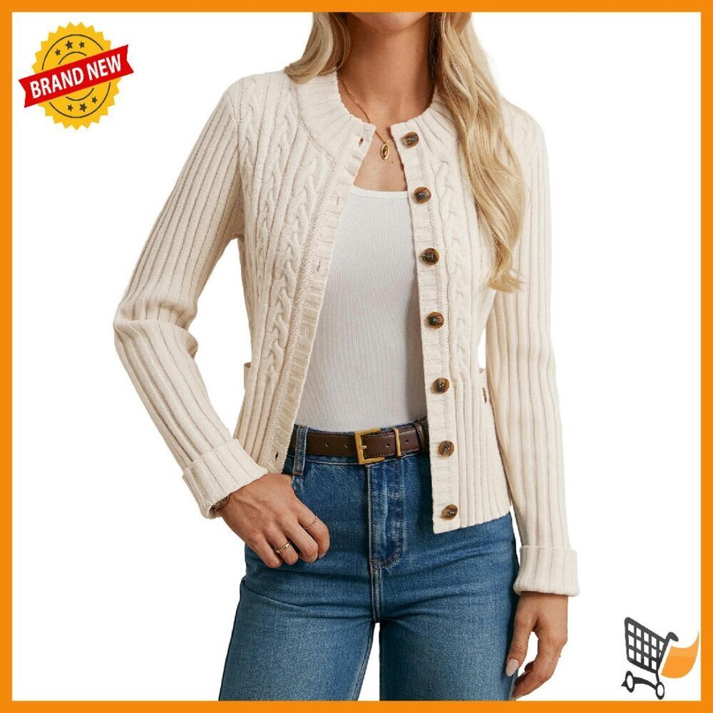 Chunky Cable Knit Cropped Cardigan, Button Up Winter Sweater, Women's Sizes